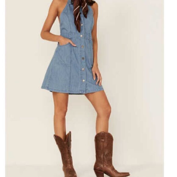 NWT Free People Sami Mini Dress Denim Blue Dress Halter Open Back Button Down L - Picture 8 of 11
